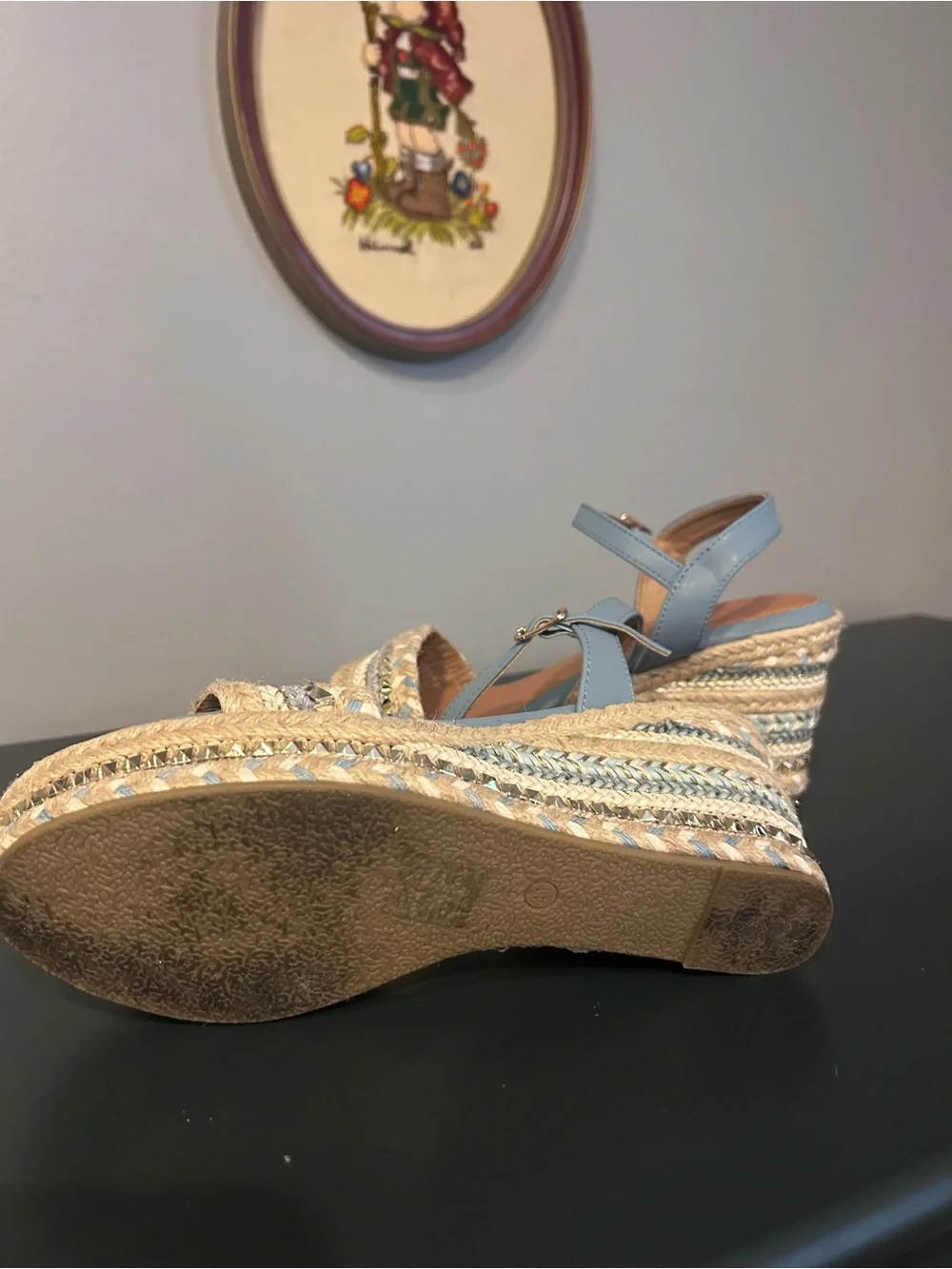 Patrizia by Spring Step Embellished Espadrille Wedge Sandal Blue Cream Size 41